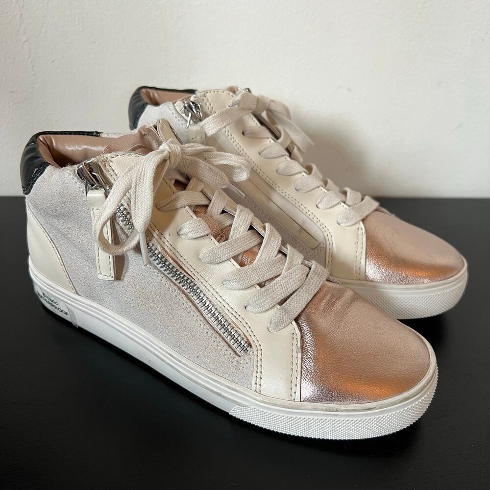 Blondo Waterproof High Top Metallic Toe Suede Leather Sneakers 7M White Black